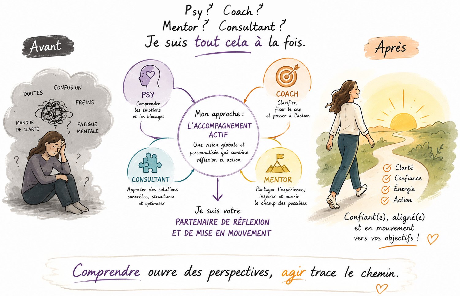 Le dessin d'Anouk Minkowski. Psy ? Coach ? Mentor ? Consultant ? Je suis tout cela à la fois. Avant : doutes, confusion, freins, manque de clarté, fatigue mentale. Mon approche : l'accompagnement actif — je suis votre partenaire de réflexion et de mise en mouvement. Après : clarté, confiance, énergie, action — confiant(e), aligné(e) et en mouvement vers vos objectifs. Comprendre ouvre des perspectives, agir trace le chemin.