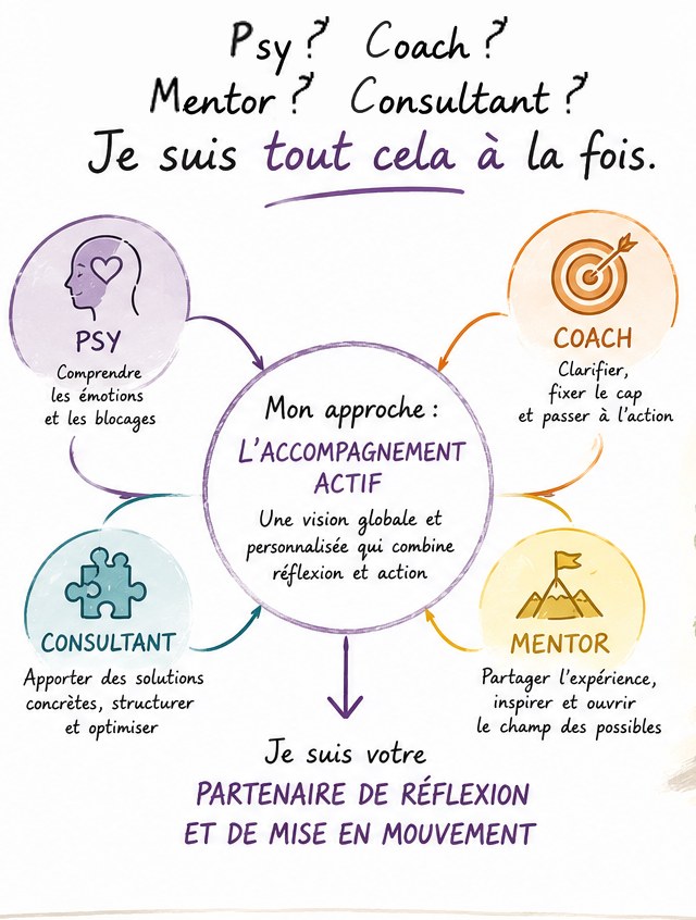 Psy ? Coach ? Mentor ? Consultant ? Je suis tout cela à la fois. Mon approche : l'accompagnement actif — je suis votre partenaire de réflexion et de mise en mouvement.