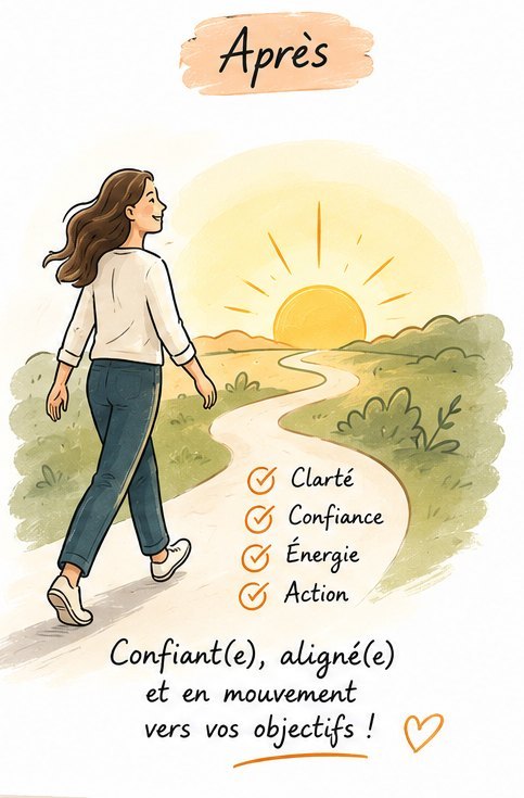 Après : clarté, confiance, énergie, action — confiant(e), aligné(e) et en mouvement vers vos objectifs.